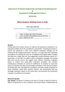 Department of Systems Engineering and Engineering Management & Department of Management Science Seminar Series  Meta-Analysis: Making Sense or Folly