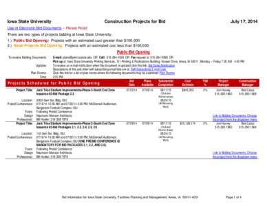 Iowa State University  Construction Projects for Bid July 17, 2014