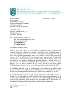 RI DEM/Waste Management- Notice of Intent to Enforce, Bay Street Neighborhood Study Area, Southern Union Comp. dba New England Gas Company