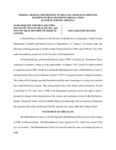 NC DHSR: Declaratory Ruling for Novant Health, Inc. and Novant Health Forsyth Medical Center