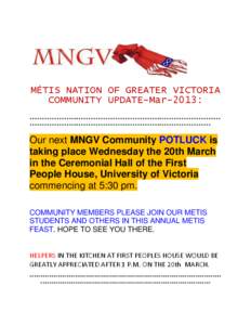 MÉTIS NATION OF GREATER VICTORIA COMMUNITY UPDATE-Mar-2013: ******************************************************************************