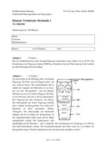 Fachhochschule Hamburg Fachbereich Fahrzeugtechnik und Flugzeugbau Prof. Dr.-Ing. Dieter Scholz, MSME  Klausur Technische Mechanik 1