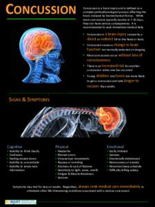 CONCUSSION  Concussion is a brain injury and is defined as a complex pathophysiological process affecting the brain, induced by biomechanical forces . While most concussions typically resolve in 7-10 days,