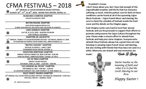 CFMA FESTIVALS – 2018  * 30TH ANNUAL LE CAJUN AWARDS & MUSIC FESTIVAL AUGUST 16Th, 17TH, & 18TH, RAYNE CIVIC CENTER, RAYNE, LA