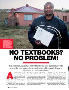 Peddie textbook entrepreneur Zakes Ncanywa shows off one of the textbooks he prints in the rondavel behind him which serves as his