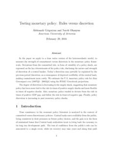 Testing monetary policy: Rules versus discretion Aleksandr Grigoryan and Narek Ohanyan American University of Armenia February 29, 2016  Abstract