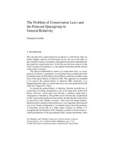 The Problem of Conservation Laws and the Poincaré Quasigroup in General Relativity Gennady Gorelik  1. Introduction