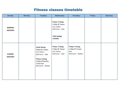 Fitness classes timetable Sun da y M onda y  T uesd a y