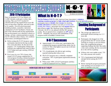 Since its inception N-O-T has helped over 11,000 Colorado youth quit or reduce their smoking. This year N-O-T reached 63 schools/youth serving organizations across the state serving urban, suburban, and rural locales in 