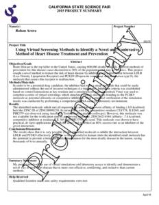 CALIFORNIA STATE SCIENCE FAIR 2015 PROJECT SUMMARY Name(s)  Project Number