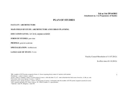 Zał. nr 3 do ZW[removed]Attachment no. 1 to Programme of Studies PLAN OF STUDIES FACULTY: ARCHITECTURE MAIN FIELD OF STUDY: ARCHITECTURE AND URBAN PLANNING