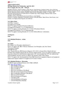 Approved[removed]Meeting Minutes for Wednesday, April 10, 2013 West Campus, BC 214, 3:00 – 5:00 pm Members Present: Angel Cardenas, Cindy Bower, Stan Bursten, Gordon Coburn, Steve DaVega, Melanie Eckford-Prossor, Ja