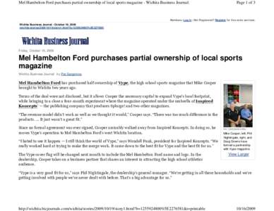 Mel Hambelton Ford purchases partial ownership of local sports magazine - Wichita Business Journal:  Page 1 of 3 Members: Log in | Not Registered? Register for free extra services. Wichita Business Journal - October 19, 