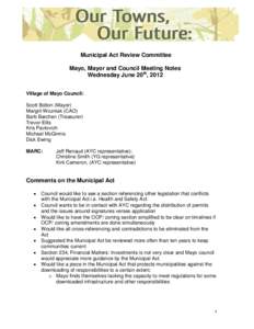 Municipal Act Review Committee Mayo, Mayor and Council Meeting Notes Wednesday June 20th, 2012 Village of Mayo Council: Scott Bolton (Mayor) Margrit Wozniak (CAO)