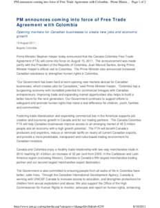 Colombia / Stephen Harper / International trade / United States–Colombia Free Trade Agreement / International relations / Government / Canada-Colombia Free Trade Agreement