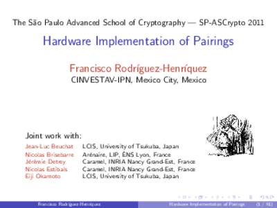 Cryptography / Algebra / Elliptic curve cryptography / Mathematics / Pairing-based cryptography / Elliptic curves / Elliptic curve / Tate pairing / Supersingular elliptic curve / Pairing / Curve