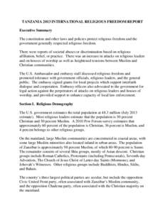 TANZANIA 2013 INTERNATIONAL RELIGIOUS FREEDOM REPORT