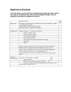 Diphtheria Checklist It will be useful to review the list of symptoms and signs and other factors that may be considered when determining probability (high or low) of diphtheria and need for diphtheria antitoxin. Symptom