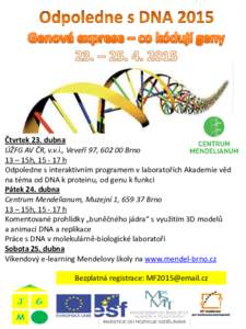 Čtvrtek 23. dubna ÚŽFG AV ČR, v.v.i., Veveří 97, Brno 13 – 15h, h Odpoledne s interaktivním programem v laboratořích Akademie věd na téma od DNA k proteinu, od genu k funkci Pátek 24. dubna