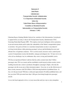 Statement of John Pistole Administrator Transportation Security Administration U.S. Department of Homeland Security before the