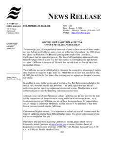 NEWS RELEASE STATE BOARD OF EQUALIZATION 450 N Street Sacramento California 95814