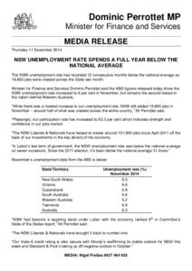 Dominic Perrottet MP Minister for Finance and Services MEDIA RELEASE Thursday 11 December[removed]NSW UNEMPLOYMENT RATE SPENDS A FULL YEAR BELOW THE