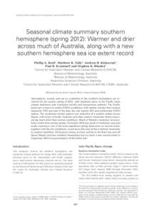 Seasonal climate summary southern hemisphere (spring 2012): Warmer and drier across much of Australia, along with a new southern hemisphere sea ice extent record