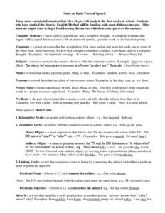 Notes on Basic Parts of Speech These notes contain information that Mrs. Hayes will teach in the first weeks of school. Students who have studied the Shurley English Method will be familiar with most of these concepts. O