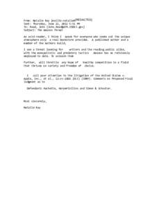 From: Natalie Ray [mailto:natalieR[REDACTED] Sent: Thursday, June 21, 2012 5:31 PM To: Read, John [[removed]] Subject: The Amazon Threat An avid reader, I think I speak for everyone who seeks out the unique