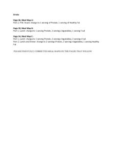 Errata Page 46, Meal Map A: Part 2, P.M. Snack: change to 1 serving of Protein, 1 serving of Healthy Fat Page 50, Meal Map B: Part 1, Lunch: change to 1 serving Protein, 2 servings Vegetables, 1 serving Fruit Page 54, Me