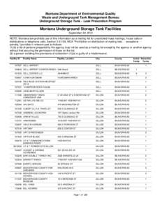 Montana Department of Environmental Quality Waste and Underground Tank Management Bureau Underground Storage Tank - Leak Prevention Program Montana Underground Storage Tank Facilities September 30, 2014