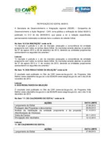 RETIFICAÇÃO DO EDITALA Secretaria de Desenvolvimento e Integração regional (SEDIR) / Companhia de Desenvolvimento e Ação Regional - CAR, torna pública a retificação do Edital, publicado no D.O 