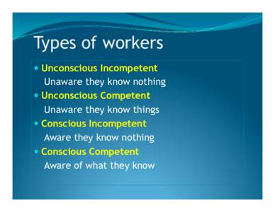 Types of workers   Unconscious Incompetent Unaware they know nothing   Unconscious Competent Unaware they know things