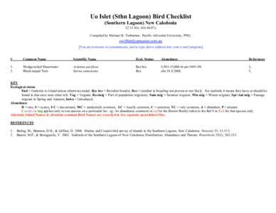 Uo Islet (Sthn Lagoon) Bird Checklist (Southern Lagoon) New Caledonia03s07e Compiled by Michael K. Tarburton, Pacific Adventist University, PNG. [You are welcome to communicate, just re-type above address 