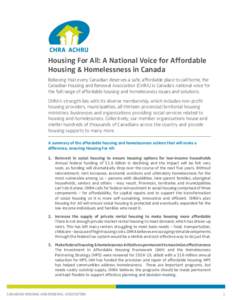 Affordable housing / Community organizing / Personal life / Poverty / Canadian Housing and Renewal Association / Public housing / Homelessness in Canada / Supportive housing / Homelessness / Social programs / Real estate / Housing