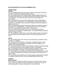 DETAILED DESCRIPTION OF THE SELF-ASSESSMENT SCALE UNDERSTANDING Listening A 1: I can understand familiar words and very basic phrases concerning myself, my family and immediate surroundings when people speak slowly and c