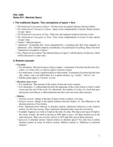 Phil[removed]Notes #11: Absolute Space I. The traditional dispute: Two conceptions of space + time • The Relational Conception of Space: All that exists are spatial relations between bodies. • The Substantival Concepti