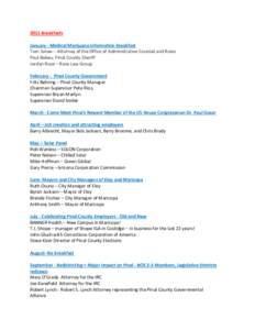 2011 Breakfasts January - Medical Marijuana information breakfast Tom Salow – Attorney of the Office of Administrative Counsel and Rules Paul Babeu, Pinal County Sheriff Jordan Rose – Rose Law Group February - Pinal 