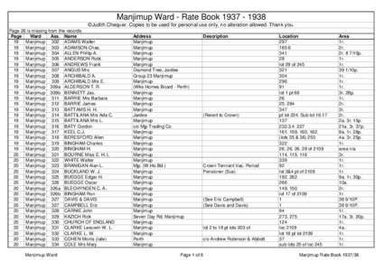 Manjimup Ward - Rate Book ©Judith Chequer. Copies to be used for personal use only, no alteration allowed. Thank you. Page 26 is missing from the records Page Ward Ass. Name