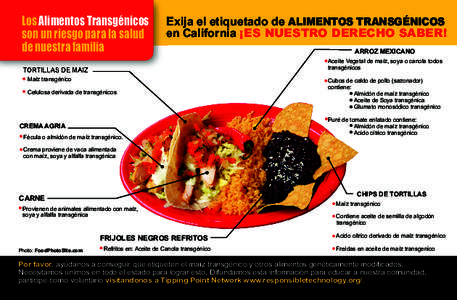 Los Alimentos Transgénicos son un riesgo para la salud de nuestra familia Exija el etiquetado de ALIMENTOS TRANSGÉNICOS en California ¡ ES NUESTRO DERECHO SABER!