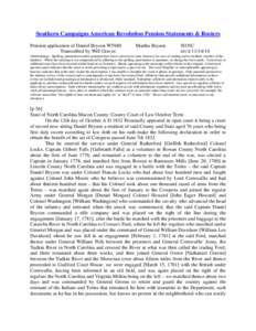 Southern Campaigns American Revolution Pension Statements & Rosters Pension application of Daniel Bryson W5940 Transcribed by Will Graves Martha Bryson