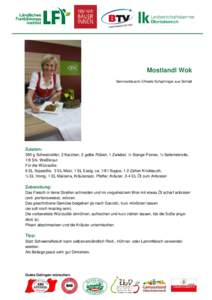 Mostlandl Wok Seminarbäuerin Elfriede Schachinger aus Schlatt Zutaten: 350 g Schweinsfilet, 2 Karotten, 2 gelbe Rüben, 1 Zwiebel, ½ Stange Porree, ½ Sellerieknolle, 1/8 Stk. Weißkraut