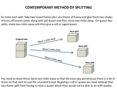 CONTEMPORARY METHOD OF SPLITTING To make each split: Take two brood frames plus one frame of honey and give them two shakes of bees off brood combs along with old queen and then move two miles away. On queen-less splits,