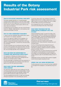 Results of the Botany Industrial Park risk assessment What is the Botany Industrial Park (BIP)? The Botany Industrial Park (BIP) is a 73 hectare industrial complex located at Banksmeadow, in south-east Sydney. Major indu