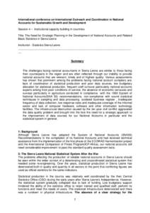 International conference on International Outreach and Coordination in National Accounts for Sustainable Growth and Development Session 4 – Institutional capacity building in countries Title: The Need for Strategic Pla