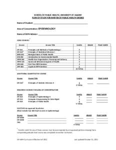 SCHOOL OF PUBLIC HEALTH, UNIVERSITY AT ALBANY PLAN OF STUDY FOR MASTER OF PUBLIC HEALTH DEGREE Name of Student: __________________________________________________ Area of Concentration: EPIDEMIOLOGY Name of MPH Advisor: 