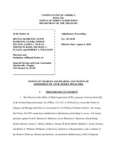 Notice of Charges and Hearing and Notice of Assessment of Civil Money Penalties; Irvin D. Hairston, Lewis Hairston, Gloria Hodge Hylton, James C. McKay, Simone H. Redd, Michael C. Scales and Robert A. Williams; Directors