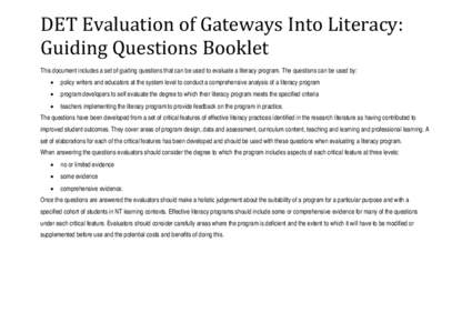 DET Evaluation of Gateways Into Literacy: Guiding Questions Booklet