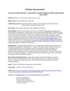 Position Announcement Position/Title: Data Steward – Great Lakes Acoustic Telemetry Observation System (GLATOS)