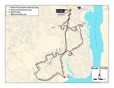 Route 151 (Counter-clockwise95 loop) Route 152 (Clockwise loop) Both Routes Metrorail Yellow Line